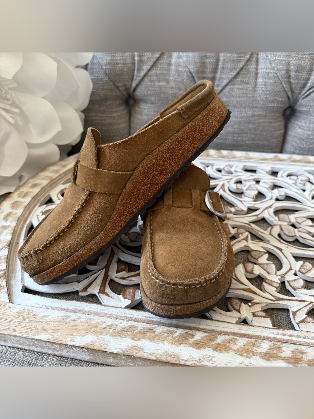 Birkenstock Brown Suede Leather Slip-On Mule Silver Buckle 11 42 - Picture 7 of 8